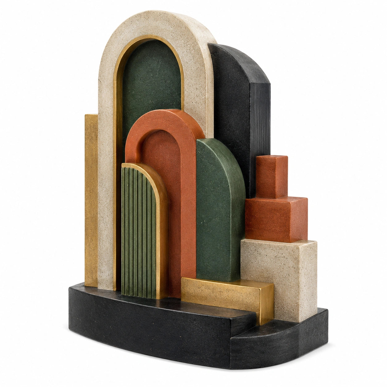 Escultura Abstracta Decorativa en Negro, Oro, Verde y Terracota