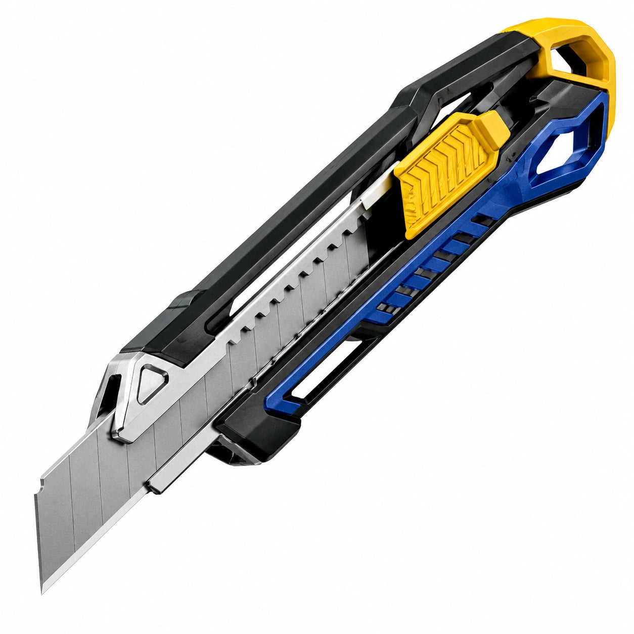 Cúter Retráctil Ergonómico con Cambio Rápido de Cuchilla Negro/Azul/Amarillo