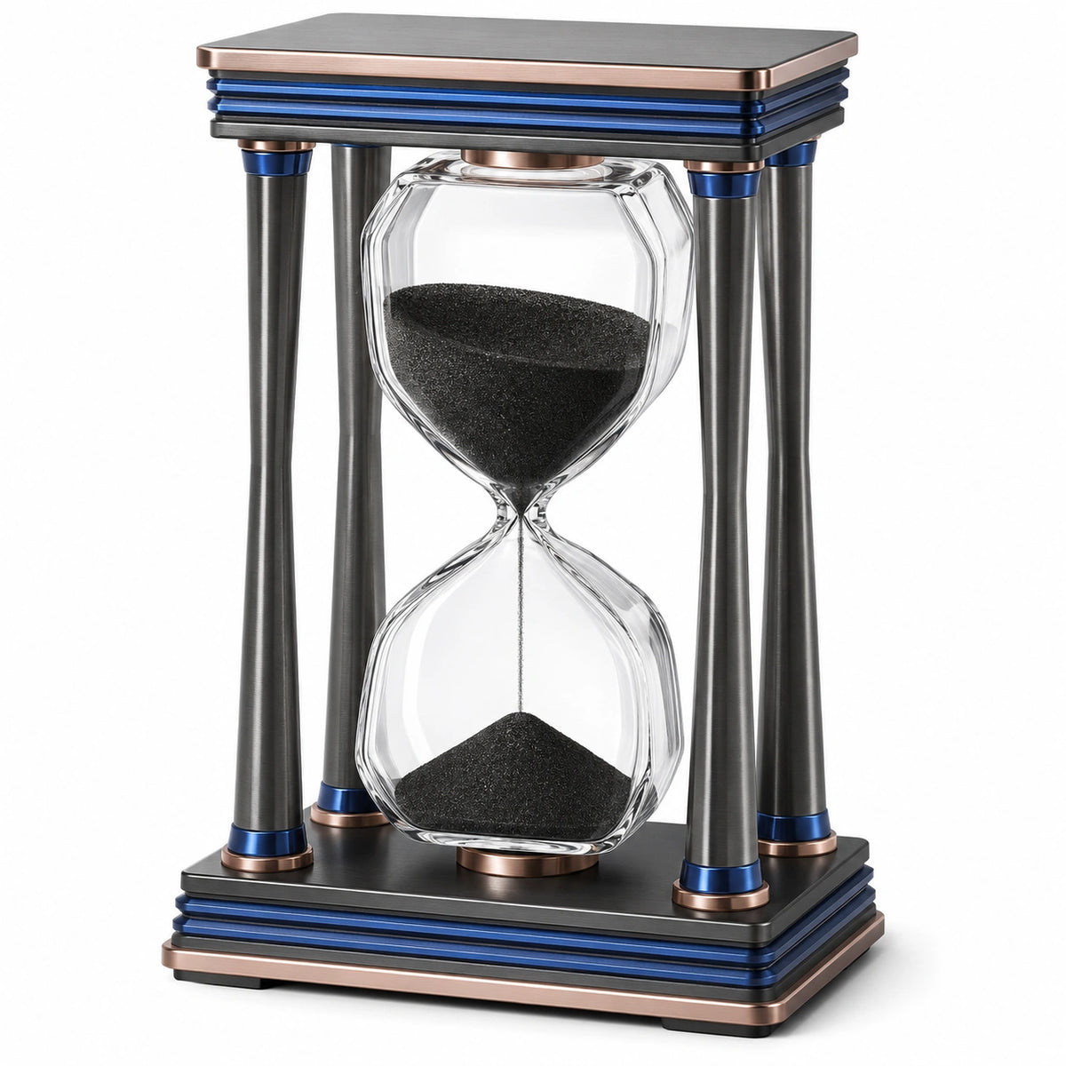 Reloj de arena decorativo negro con azul y bronce 60 minutos 15 cm x 10 cm x 30 cm