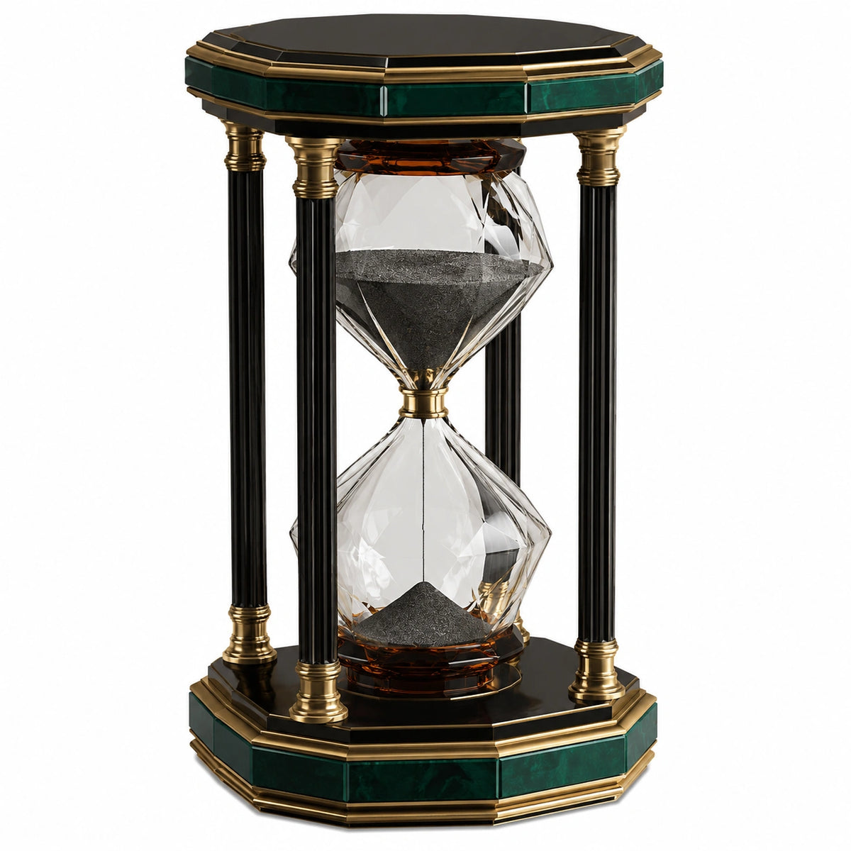 Reloj de arena decorativo de vidrio, negro y dorado
